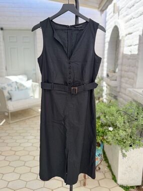 Banana Republic Linen Blend Sleeveless Black Button-Front Belted Dress